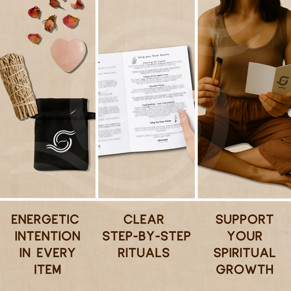 Spiritual cleanse kit layout with pouch, ritual guide and palo santo in use, representing Clear Soul Living’s guided practice and emotional healing tools