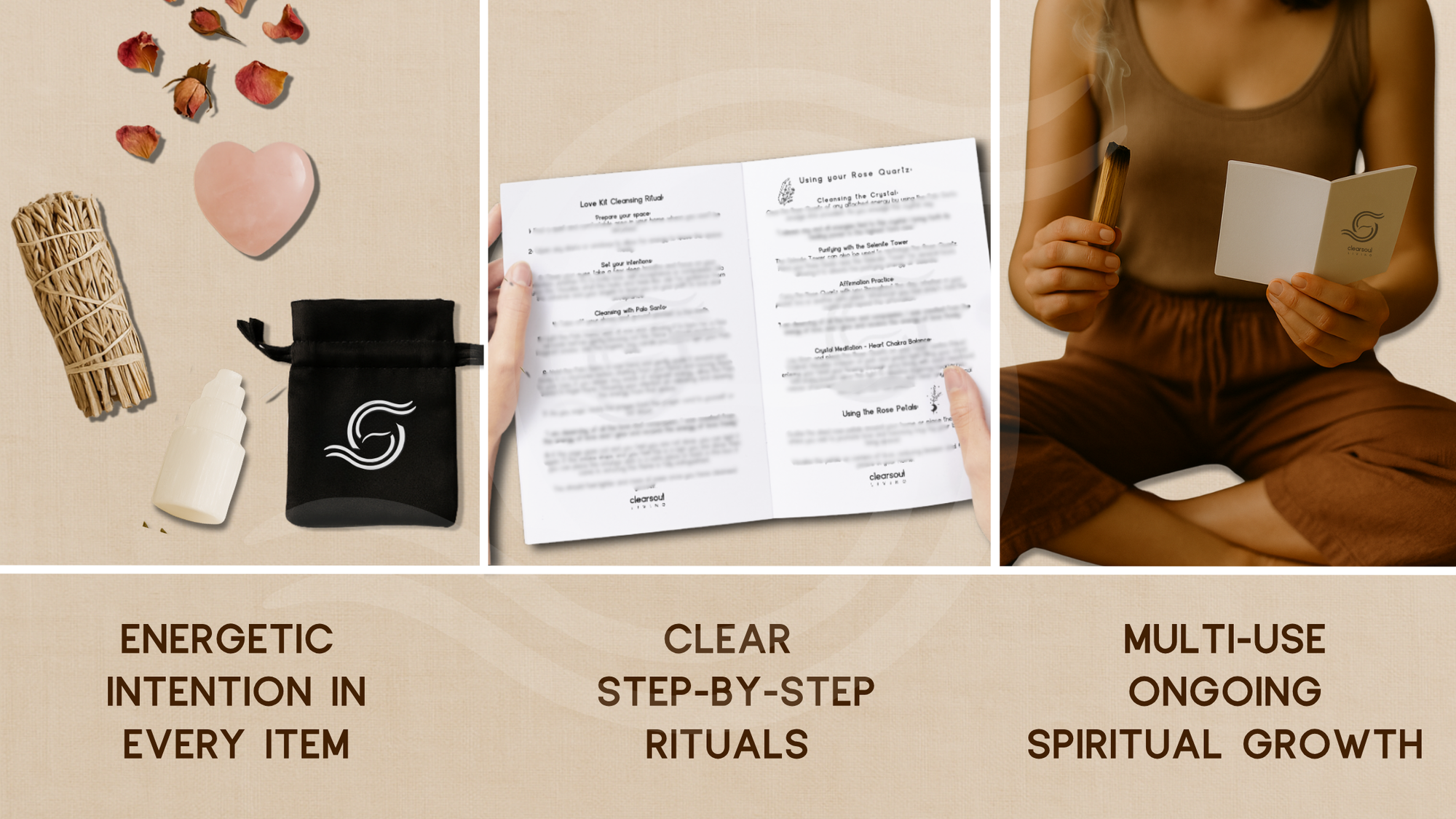 Spiritual cleanse kit layout with pouch, ritual guide and palo santo in use, representing Clear Soul Living’s guided practice and emotional healing tools