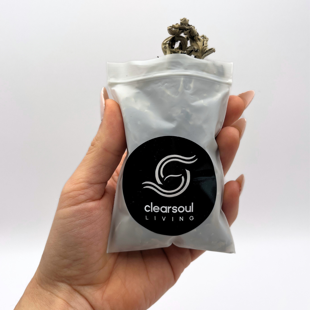  Clear Soul Living pouch filled with dried mugwort, known for enhancing intuition and supporting energetic clarity.