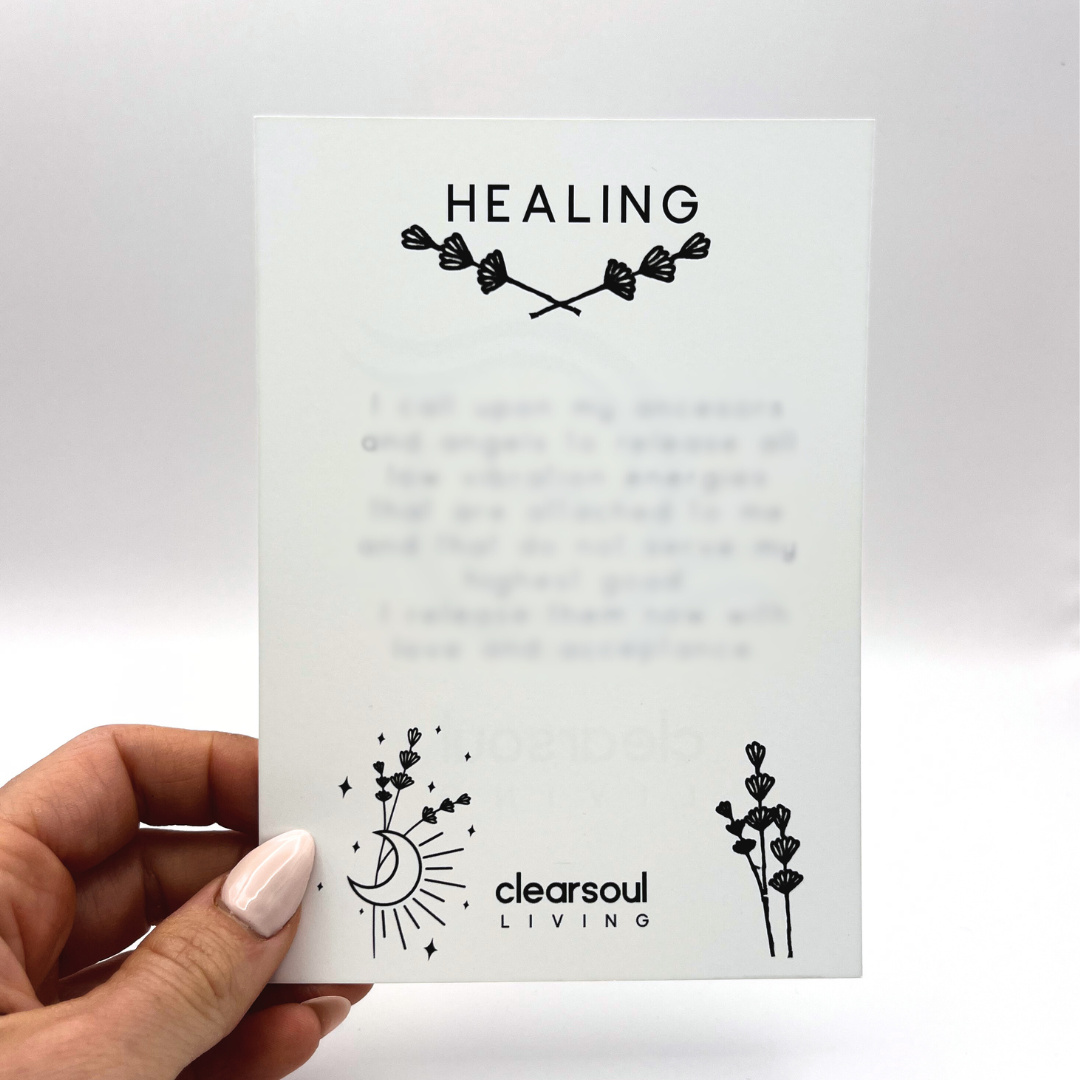 Clear Soul Living Healing affirmation card with gentle reminders for emotional release, spiritual growth and energetic renewal.