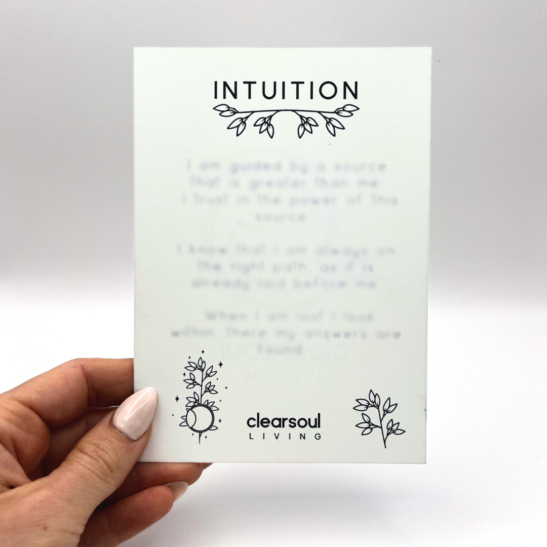 Clear Soul Living Intuition affirmation card featuring spiritual guidance to enhance inner wisdom and divine connection.