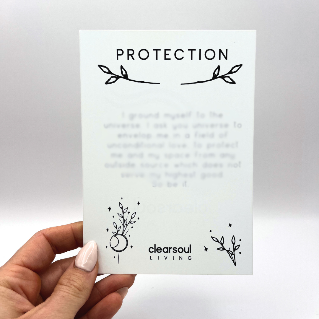 Clear Soul Living Protection affirmation card with empowering words to create a shield of light and maintain energetic safety.