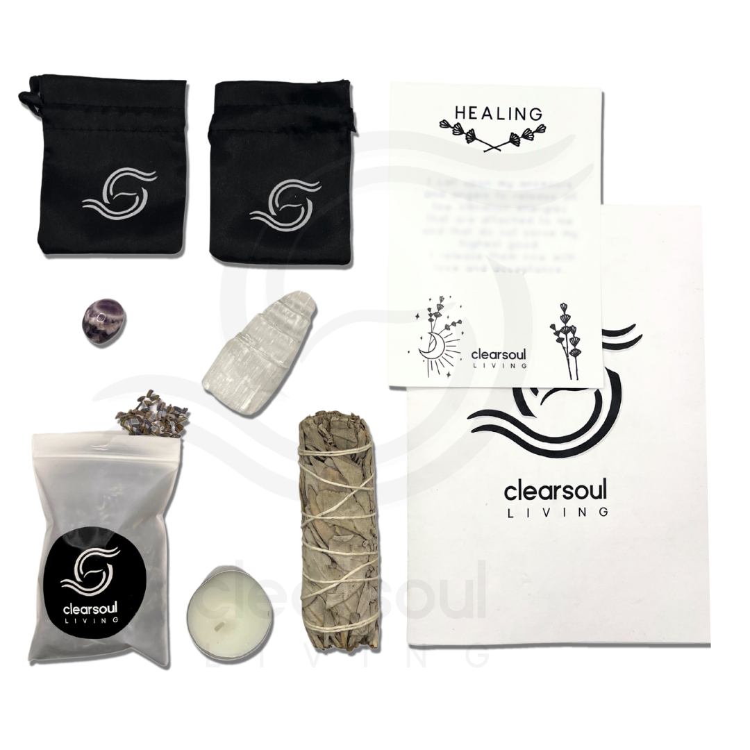 Full Healing Ritual Kit by Clear Soul Living with Amethyst, Selenite, White Sage, lavender, crystal pouch, affirmation card, and ritual guide for emotional release