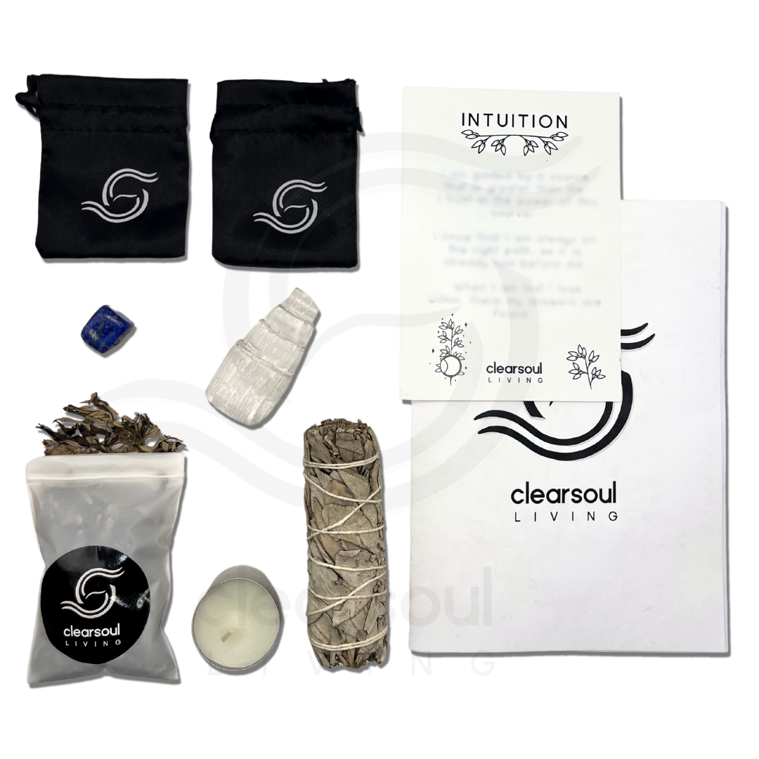 Ritual kit for enhancing intuition and spiritual connection. Includes Lapis Lazuli, Selenite Tower, White Sage smudge stick, affirmation card, crystal pouch, soy candle, dried Mugwort flowers and ritual guide.