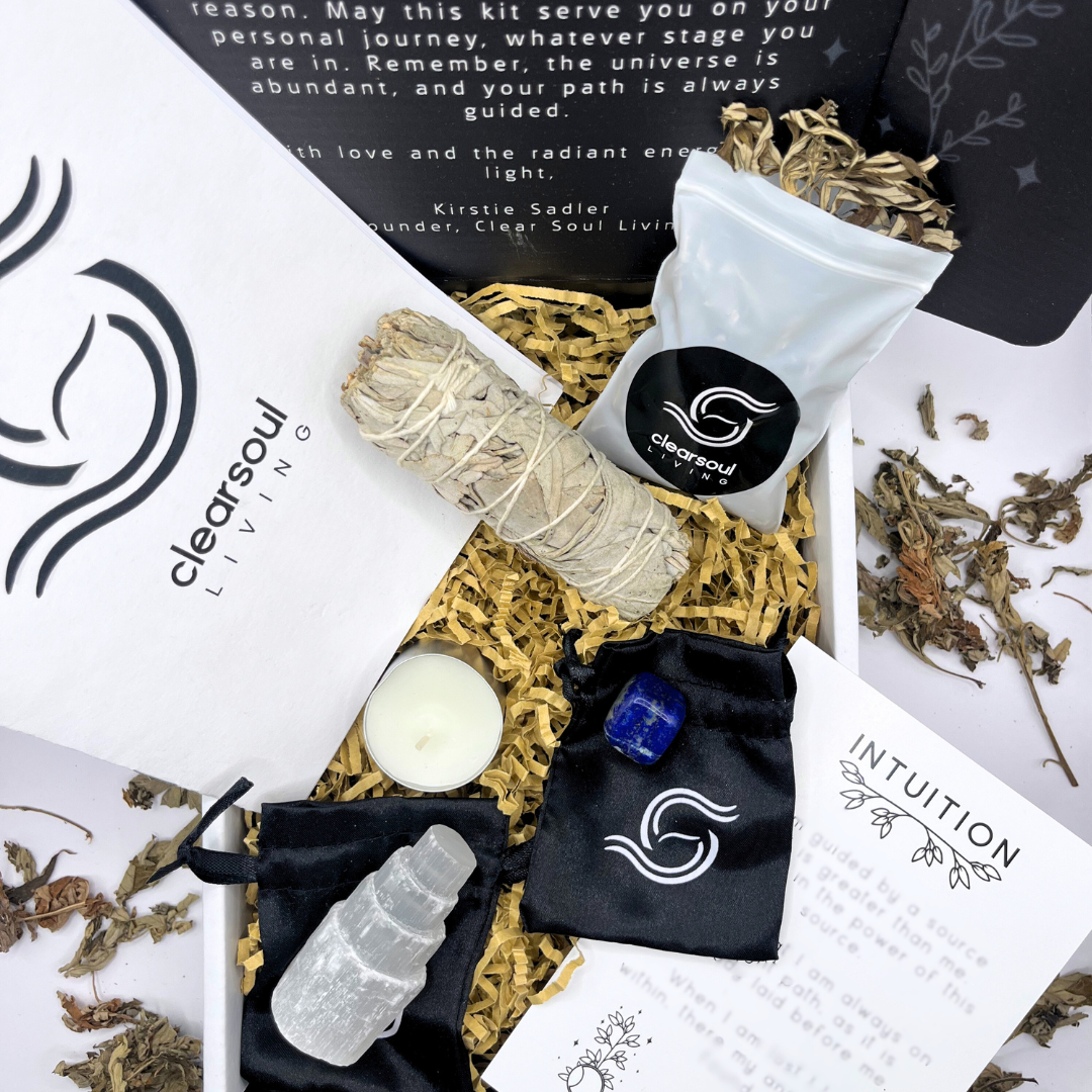 Intuition Kit with Lapis Lazuli, Selenite Crystal Tower, White Sage and dried Mugwort flowers. Created to enhance intuition and awaken psychic awareness. Clear Soul Living packaging.