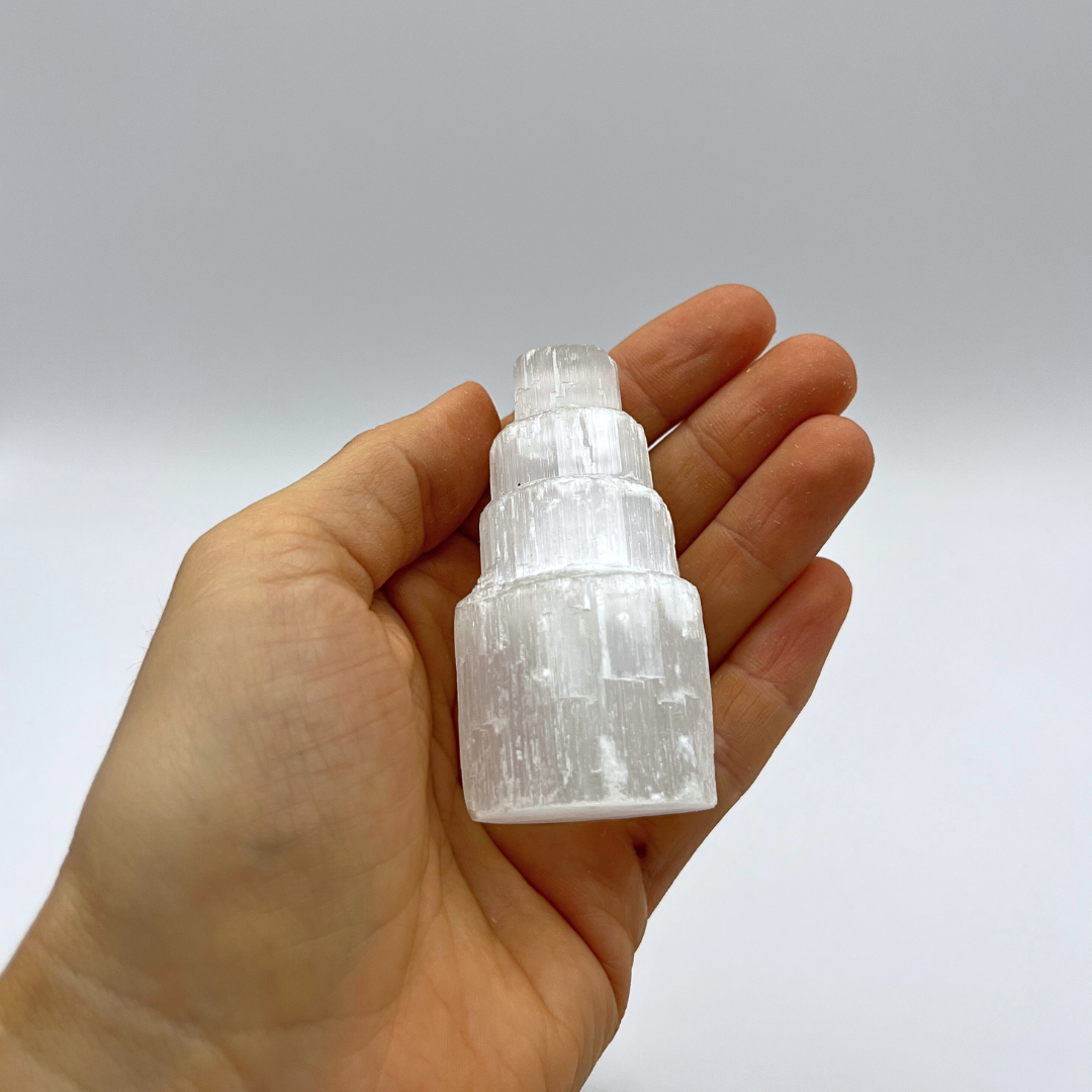 Selenite Crystal Tower for energetic cleansing, dissolving blockages, and raising the vibration of your space. Included in all Clear Soul Living ritual kits.